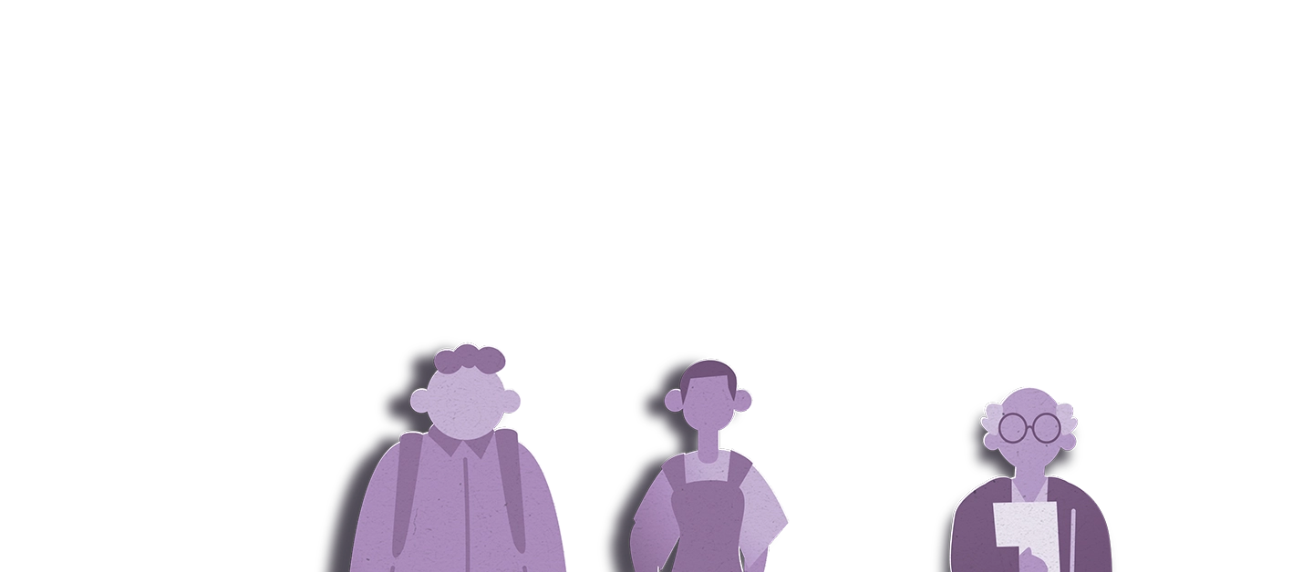 ilustração do Serviços ao Cidadão na cor roxa composta por  ilustração  pessoas de diferentes sexos, etnias, alturas, idades