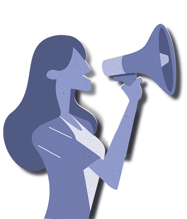 ilustração na cor azul de mulher de perfil com megafone em frente a boca