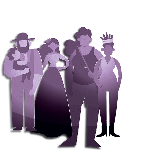 ilustração do Serviços ao Cidadão na cor roxa composta por  ilustração  pessoas de diferentes sexos, etnias, alturas, idades.