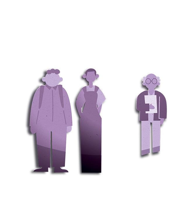 ilustração do Serviços ao Cidadão na cor roxa composta por  ilustração  pessoas de diferentes sexos, etnias, alturas, idades. 