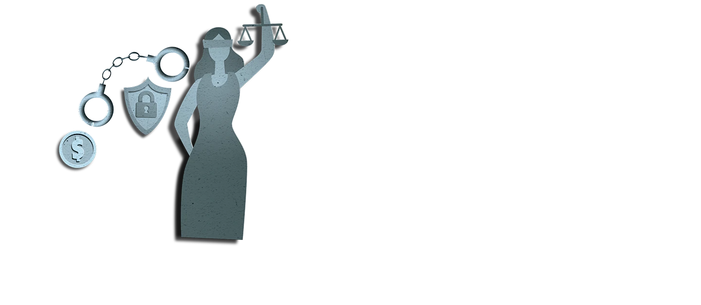 ilustração de background Criminal na cor cinza composta por pessoa gigante com lupa na mão e notebook , à frente. Abaixo, pessoa com pedaço de madeira e bola com corrente presa a uma das pernas e caminhão.