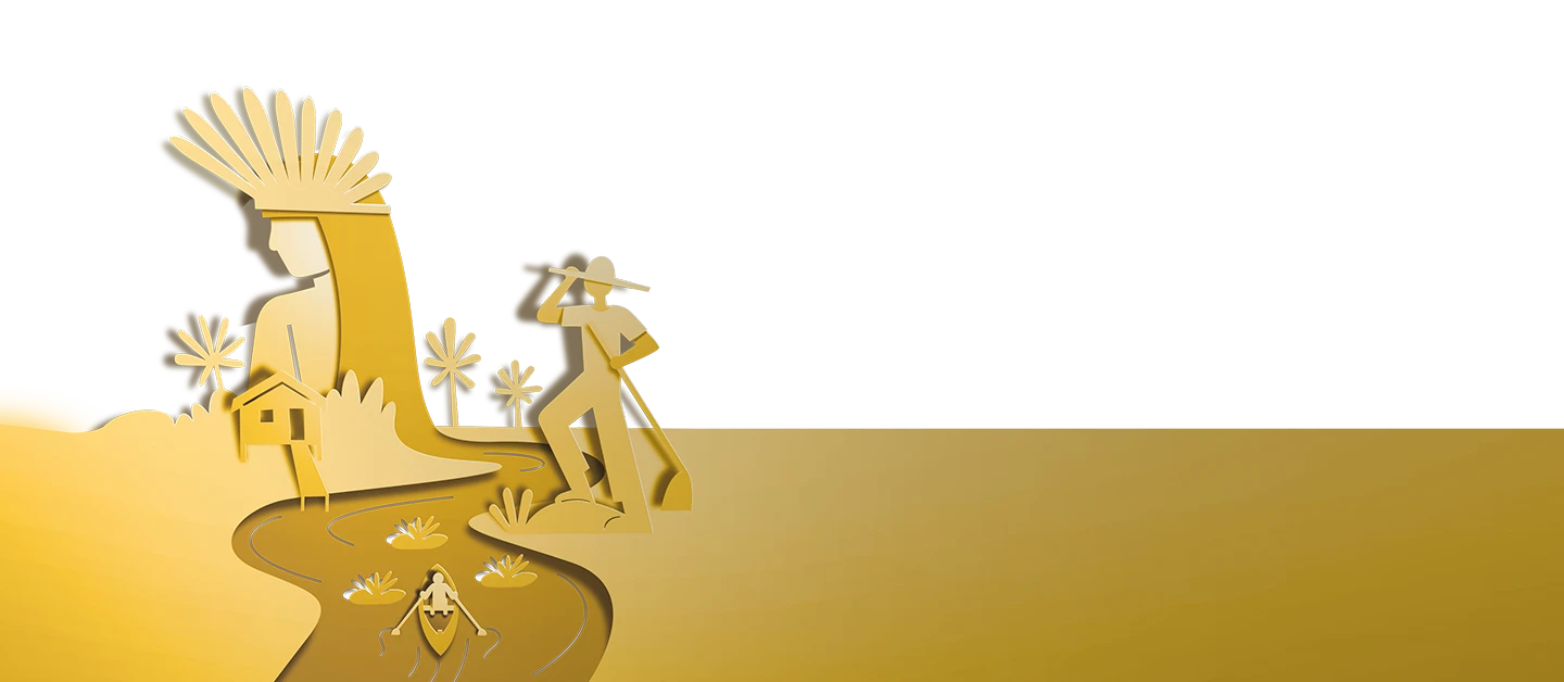 ilustração de background de Populações Indígenas e Comunidades Tradicionais na cor amarela composta por perfil de índia de cocar com pequena casa , à frente. O cabelo forma um rio com canoa e vitórias e trabalhador na beira com enxada na mão.